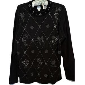 Victoria Jones Vintage Beaded Sweater Black Size Petite Medium Silver Flowers
